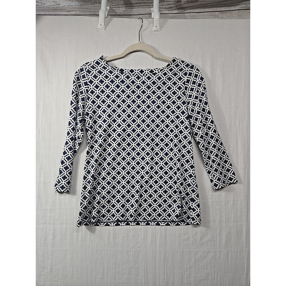 Talbots Women Blouse White Blue Geometric Scallop 3/4 Sleeves Sz Small Petite